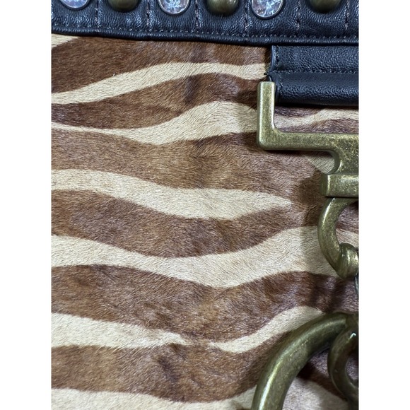 Vintage Studded Leather Tote Bag Zebra Haircalf Front Hardware Boho Chic Y2K - Picture 3 of 16